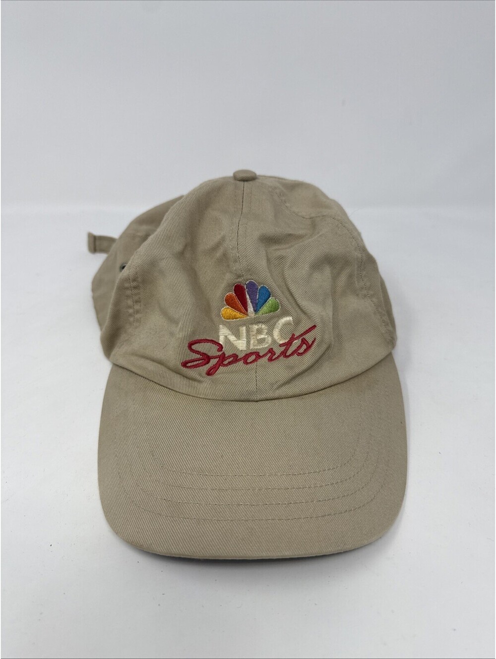 VTG NBC SPORTS BASEBALL HAT KACKI W ORANGE & SILVER LETTER & MULTI COLOR PEACOCK